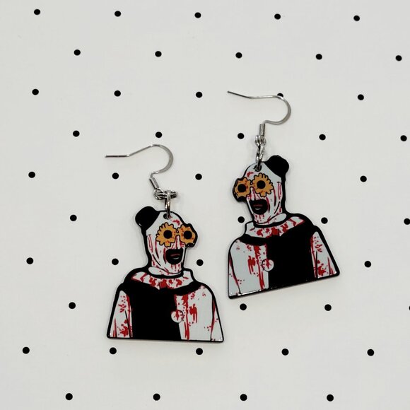 Art The Clown Flower Glasses Terrifier Earrings Stainless Steel Hooks Horror NEW - Picture 2 of 6